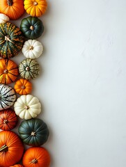 Pumpkins arranged, white background, autumn