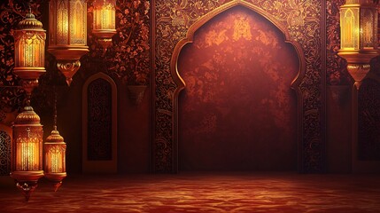 Ornate interior featuring glowing lanterns and an arched doorway invoking tradition