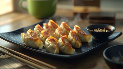 Steaming Pan-Fried Dumplings on a Dark Plate / 湯気の立つ焼き餃子と黒い皿