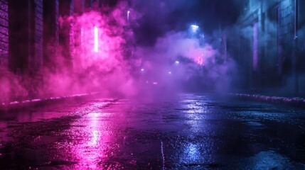 Wet asphalt, reflection of neon lights, a searchlight, smoke. Abstract light in a dark empty street with smoke, smog. Dark background scene of empty street, night view, night city.