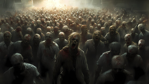 Undead Horde: A multitude of zombies emerges, a chaotic and ominous scene with figures advancing, creating an intense atmosphere.