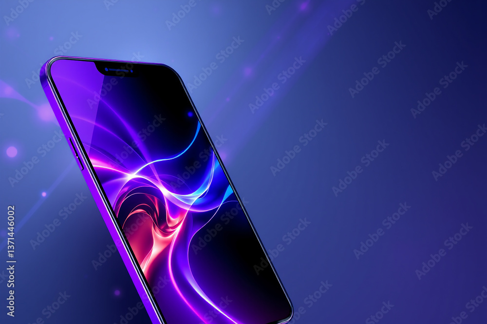 Poster modern smartphone with vibrant screen displays abstract colorful waves against a blue backdrop with 