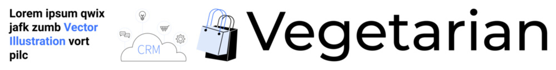 Shopping bag with CRM cloud and heart icons beside bold text Vegetarian. Ideal for business branding, shopping, retail promotion, healthy lifestyle, marketing, website headers, flat landing page