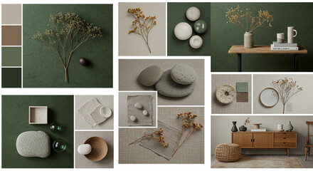Serene earth tones and natural textures create a calming mood in a minimalist home design, featuring smooth stones, dried flowers, and muted greens.