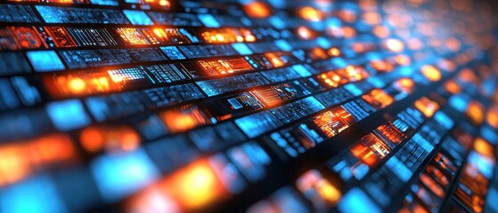 A computer screen with many blue and orange squares