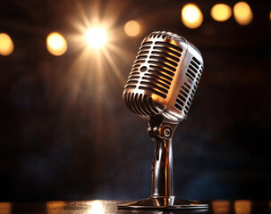 vintage microphone classic audio equipment on stage retro mic in spotlight old fashioned sound technology 
