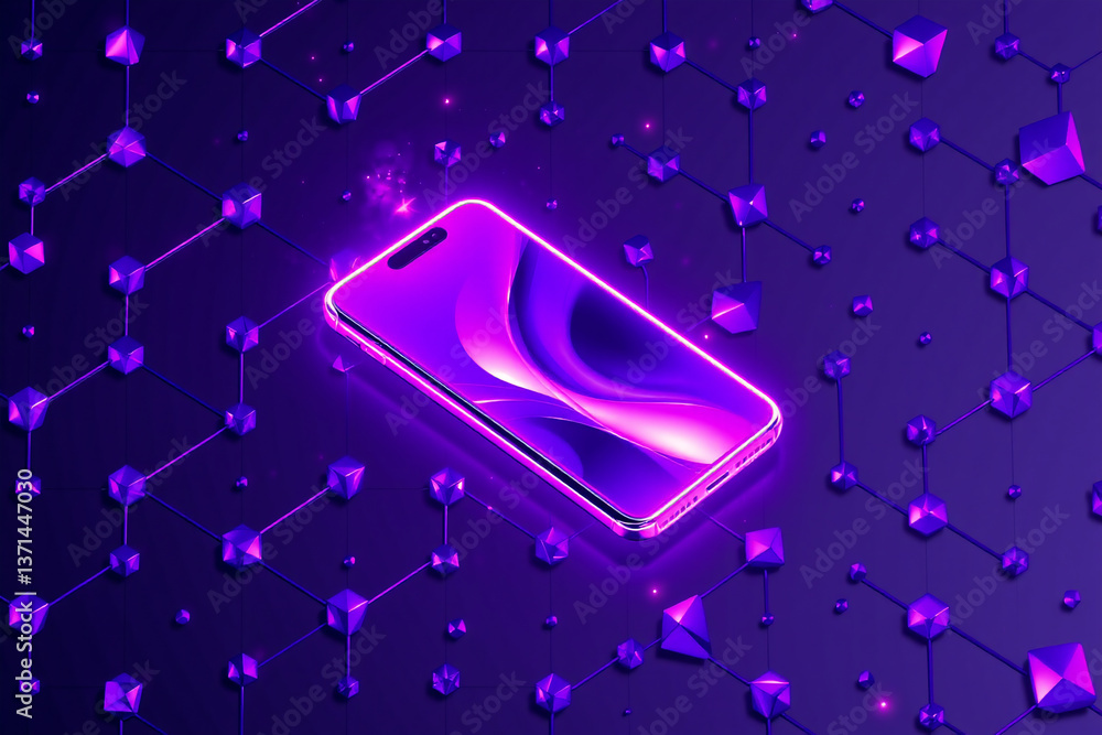 Poster isometric phone with a vibrant purple screen is connected to a network of glowing nodes. abstract di