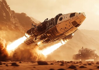 Mars ascent vehicle lifting off, showing the intensity of the thrust and the reflection of the ignition on the nearby rovers