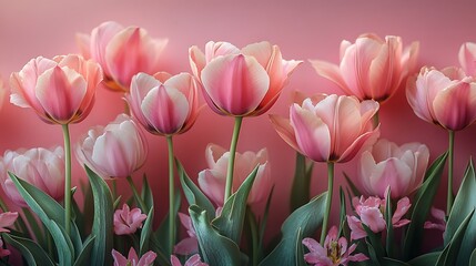 Fototapeta premium Beautiful Pink Tulips with Green Leaves Floral Arrangement on a Soft Pink Background