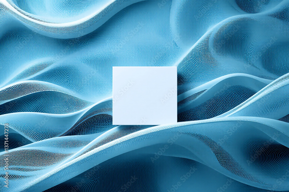 Poster a white square stands out against a dynamic background of flowing, wavy blue shapes. the abstract co