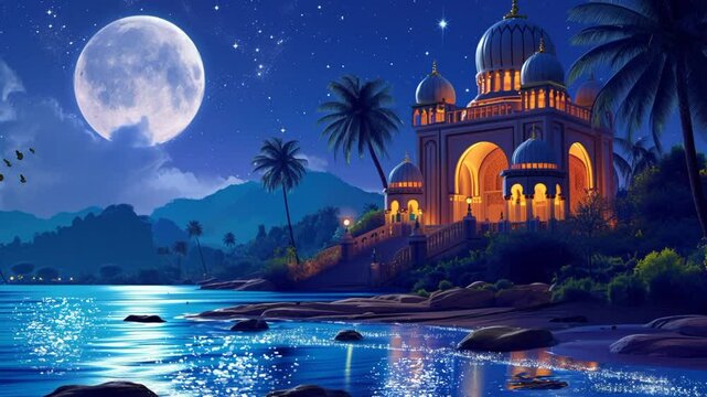 Glowing oriental palace with domes near rocky tropical lake reflecting bright full moon in serene starry night. Vector illustration concept
