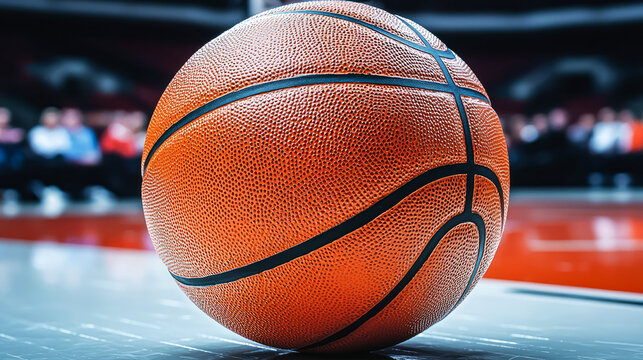 Close-up of a basketball on a court, ready for the game. Intense sports action awaits!