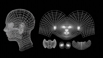 2d UV map next to human face. Unwrapped 3d female model. Flat 2d UV planar map generated from a 3-dimensional wireframe human head.  3d render illustration