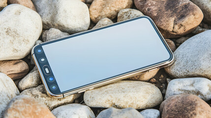 Realistic Photo of a Smartphone Displayed on a Bed of Stones in