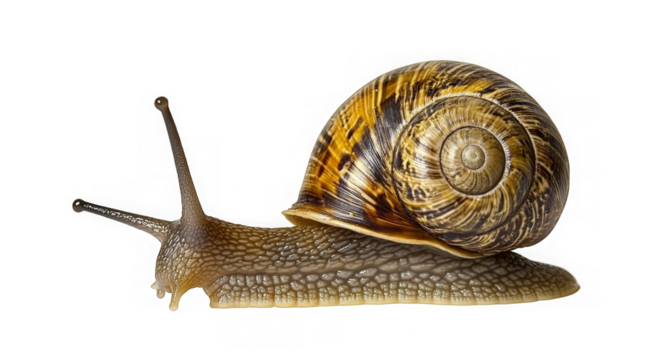 Brown garden snail crawling on a transparent background 
