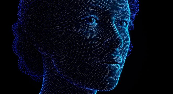 Illustration of the face of a woman, an art deco model of phoenetics and etymology dipped in neon deep blue ink, art made of neon dots, high quality