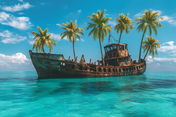 Fototapeta premium Island Dreams: An abandoned ship is now a vibrant island paradise, complete with towering palm trees and the inviting embrace of a crystal-clear ocean, suggesting a serene tropical escape