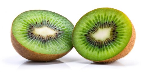 Fototapeta premium Half Kiwi Fruit, White Background, Food Photography, Closeup, Cut Kiwi, Kiwi Slice, Fresh Kiwi, Healthy Food