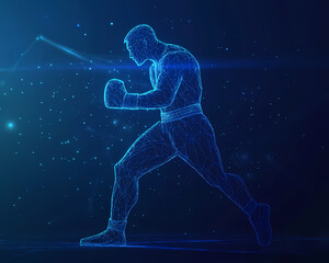 Fototapeta premium Energetic Boxer's Digital Form: A vibrant digital depiction of a boxer mid-action, combining artistic style with elements of modern technology and the intensity of sports.