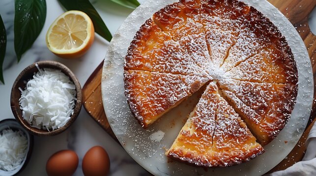 Trinidadian pone cassava coconut baked dessert sliced and plated on clean white ceramic