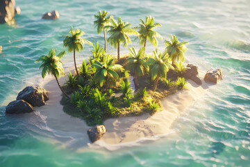 Paradise Island: An idyllic, small island, fringed by golden sands, and lush palm trees, floating in the shimmering azure ocean, basking in the warm glow of sunlight