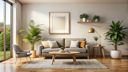 Minimalist Living Room Design: Modern Sofa, Plants, Floor Graphic Frame