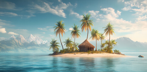 Island Paradise: A serene, tropical island paradise, fringed with palm trees and a charming thatched-roof hut, emerges from the crystal-clear turquoise waters.