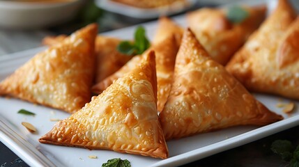 Tunisian samsa fried sweet pastries filled almonds arranged in triangle shapes on a white tray