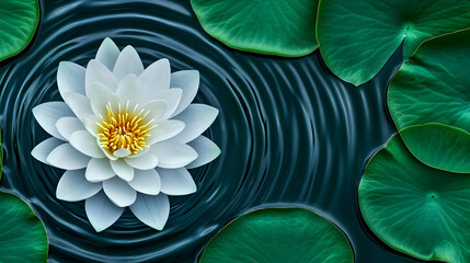 White Lotus Flower on Water with Green Leaves Photo