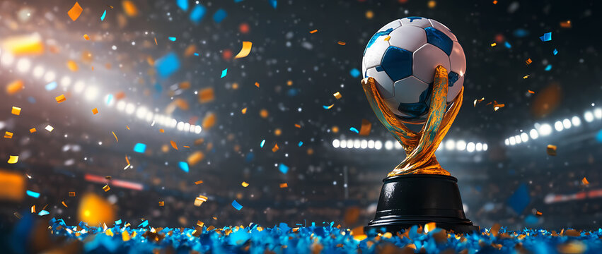 Soccer Triumph: A grand soccer trophy glistens under stadium lights, celebrating the spirit of the sport amidst a confetti shower, symbolizing victory and the thrill of competition.