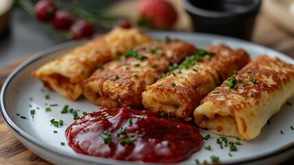 Ukrainian syrnyky cottage cheese fritters berry sauce arranged on white plate