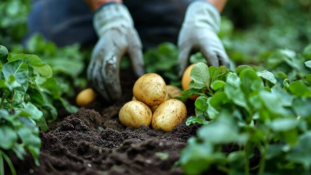 Harvesting fresh potatoes in a lush garden during early morning light