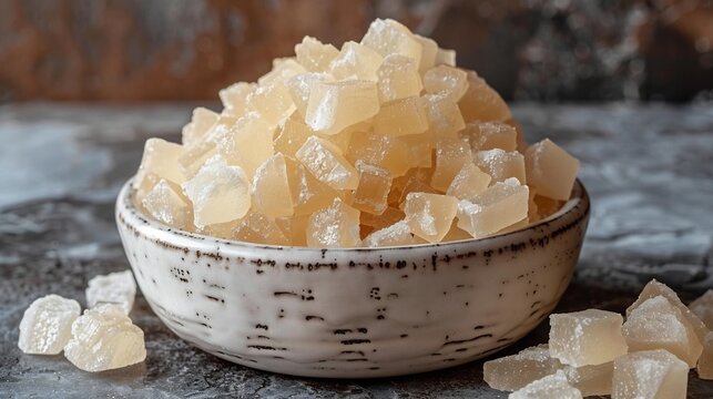 Uzbek navat crystallized sugar candy shards served a white bowl zoomed out