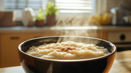 Delicious steaming semolina porridge in a cozy kitchen  