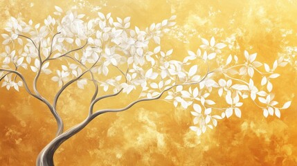 Elegant Minimalist Tree with White Leaves against a Vibrant Golden Background for Serenity and Nature Themes