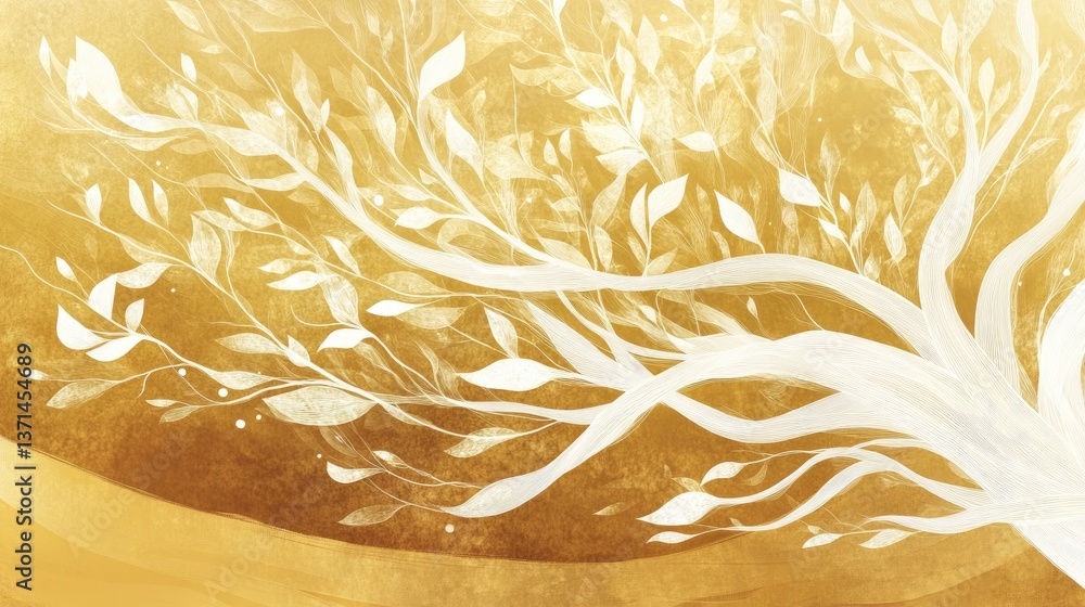 Poster elegant white tree with delicate leaves on soft golden background in abstract art style