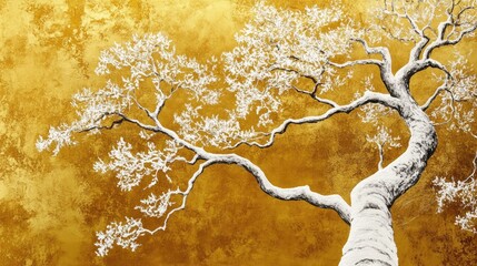 Elegant White Tree with Intricate Branches Against a Bold Golden Background for Art and Design