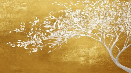 Elegant White Tree with Delicate Leaves Against Rich Golden Background in Artistic Style