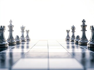 A chessboard with silver and bronze chess pieces on a white background, high-resolution photography