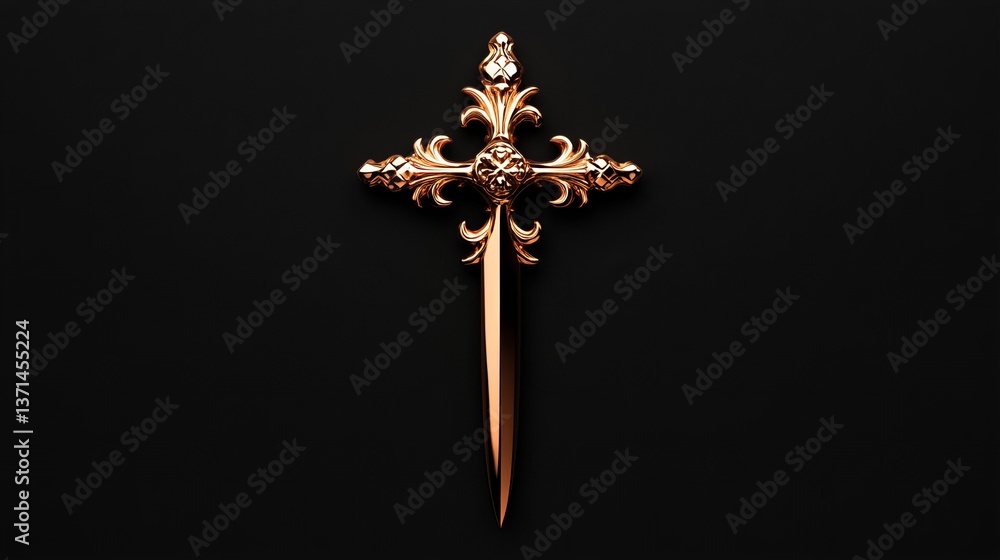 Poster ornate golden cross with decorative accents is centered on a solid black backdrop creating visual co