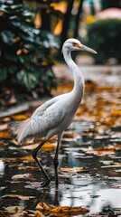 Fototapeta premium White heron wading in a puddle in park