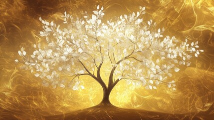 Elegant Golden Tree with White Leaves Symbolizing Growth, Prosperity, and Harmony in a Radiant Background