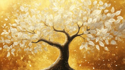 Elegant Tree with White Leaves Against a Gold Background, Capturing Tranquility and Harmony in Nature's Beauty