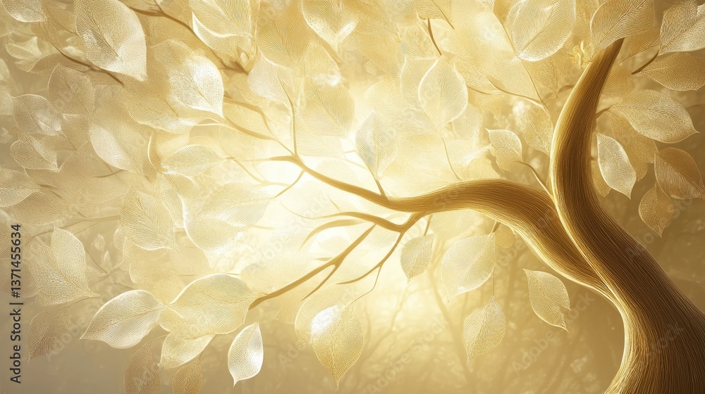 Poster golden ethereal tree with delicate leaves backlit by soft light in dreamy atmospheric setting
