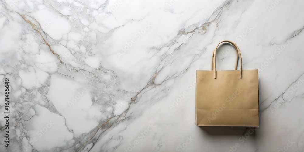 Poster luxurious minimalist flat lay of shopping bag on marble surface with rule of thirds composition for 