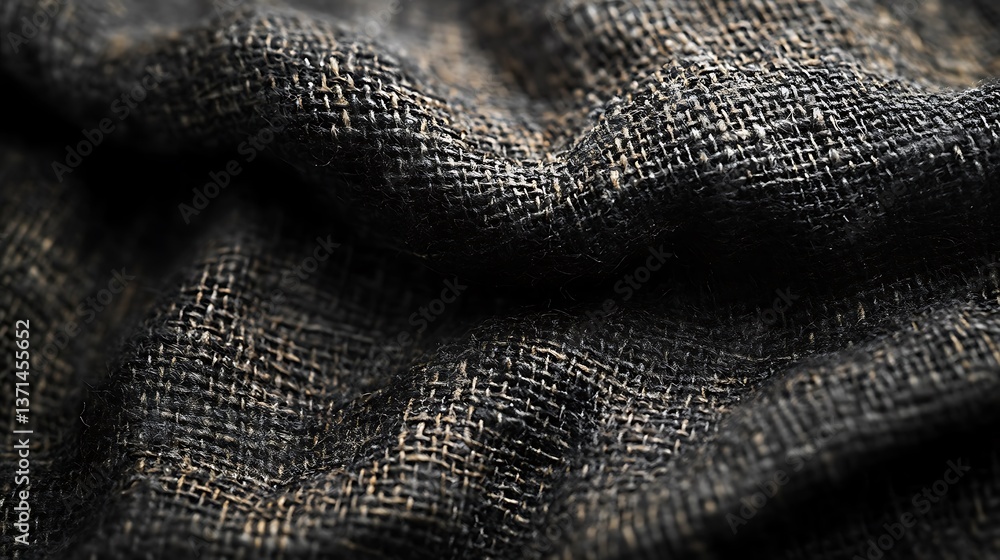 Poster close-up view: woven texture showing fine details, intricate patterning, and subtle depth in dark, n