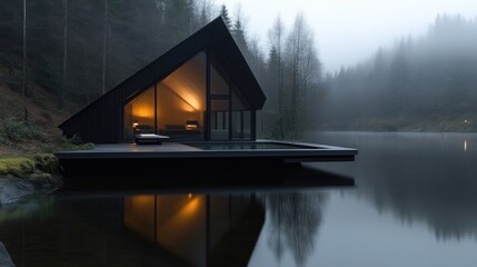 Fototapeta premium Modern cabin on a serene lake. Dark, contemporary architecture nestled beside a calm lake, with a reflection of the house. Warm interior light highlights the space