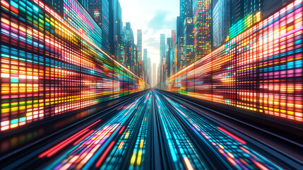 Fototapeta premium Futuristic Cityscape: Speed and Data in a Neon-Lit Metropolis