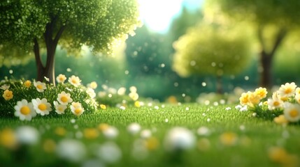 Obraz premium Lush springtime meadow bathed in sunlight. A vibrant, detailed scene featuring a carpet of grass, blossoming flowers, and lush trees. Soft light filters through the foliage,