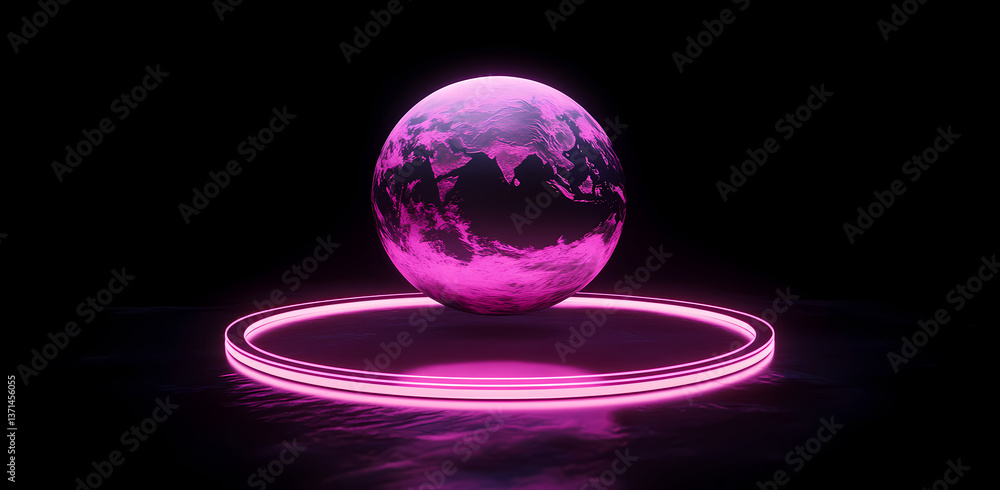 Poster sphere of the world: an abstract image features a glowing sphere levitating above a neon ring, sugge